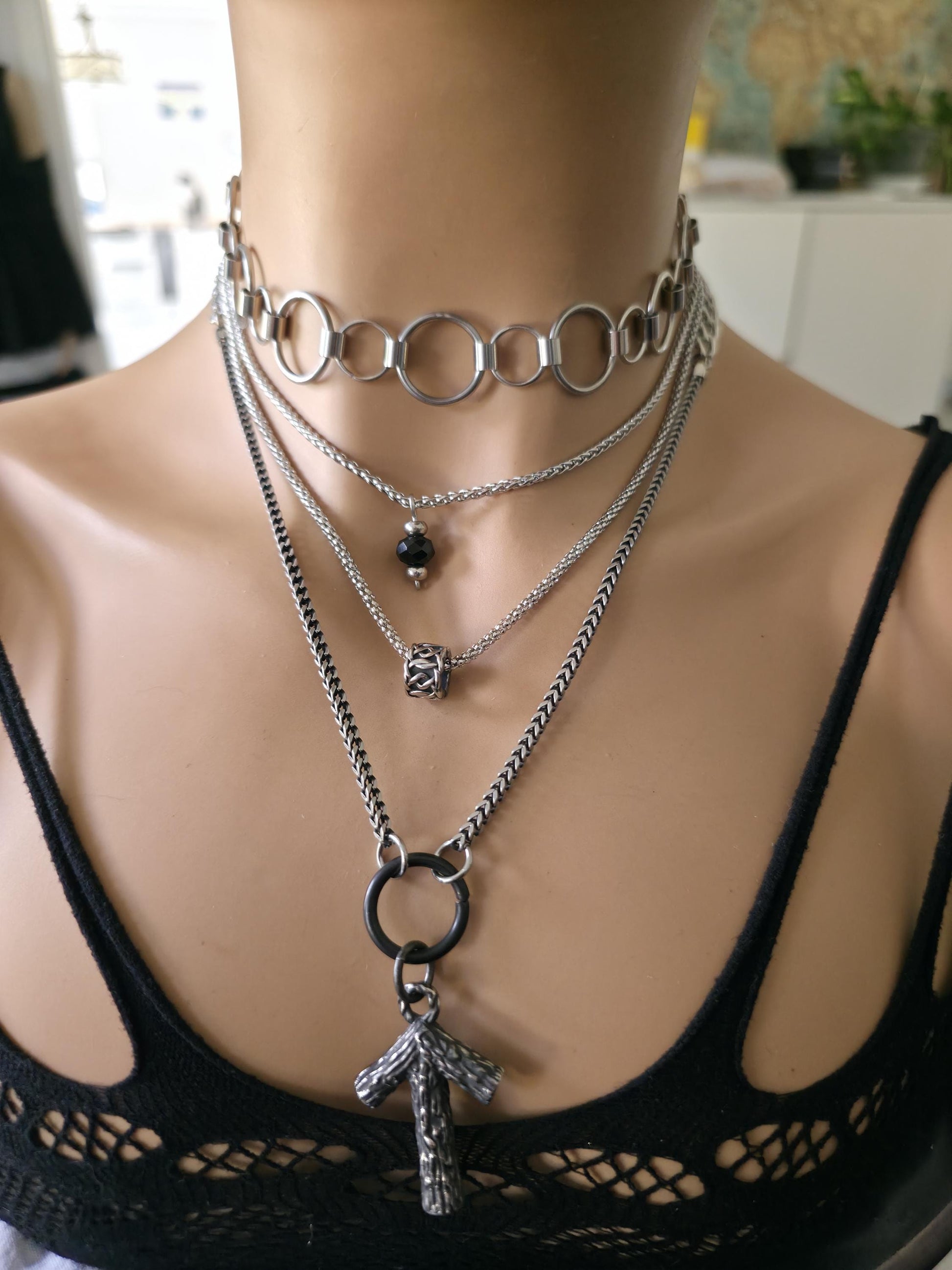 Norse Layered Necklace Set with Tiwaz Warrior Rune Pendant & Obsidian Protection Stone - Handwoven Chainmail Choker Steel Viking Jewelry