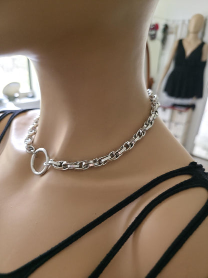 Steel Day Collar Necklace O Ring Choker, Adjustable, Locking Option, Unisex Goth Jewelry, 14–20 Inch