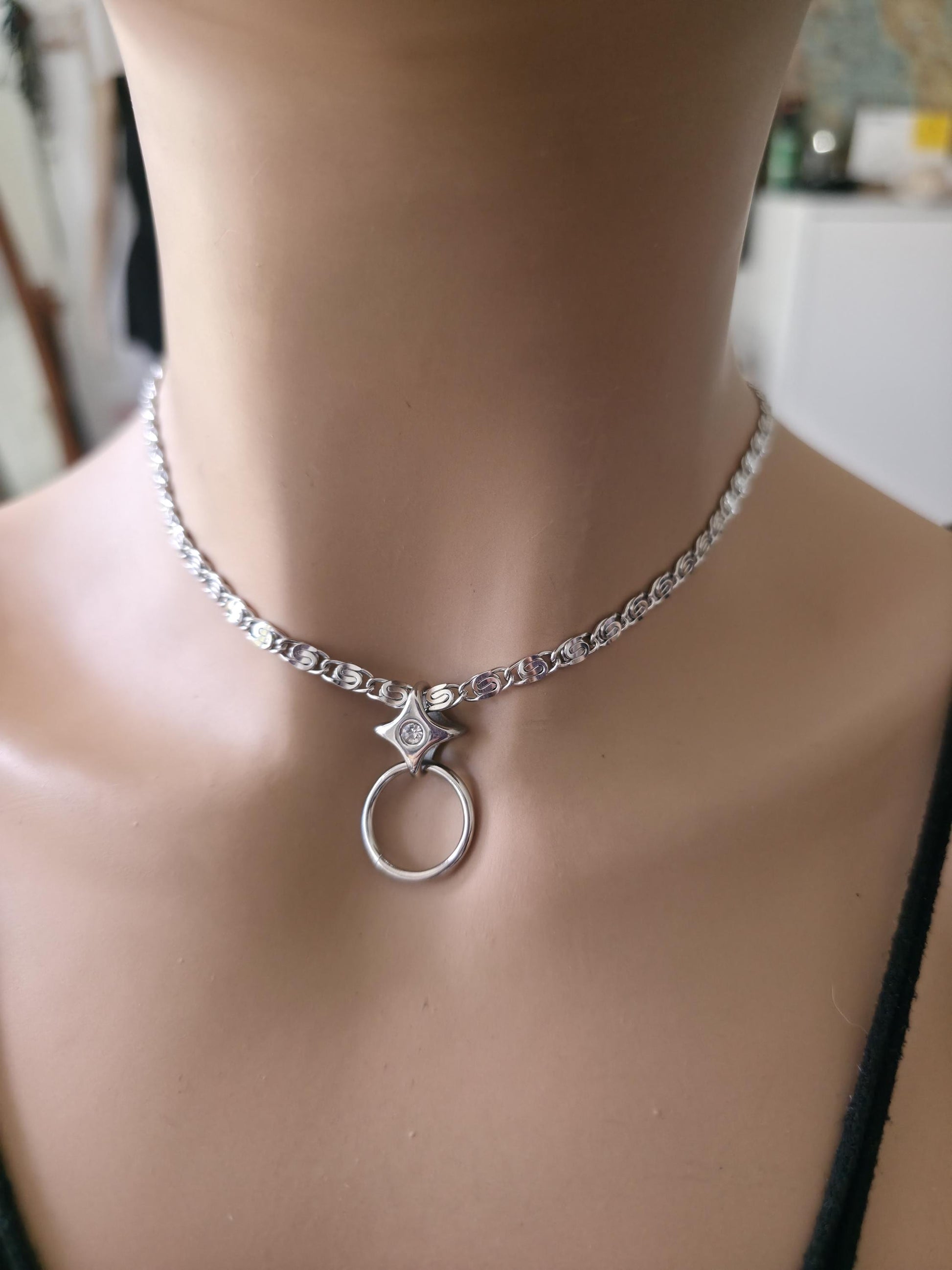 Stainless Steel Day Collar North Star O-Ring Pendant Necklace - Adjustable or Permanent Closure - Discreet Everyday Devotion Couples Jewelry