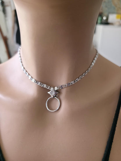Stainless Steel Day Collar North Star O-Ring Pendant Necklace - Adjustable or Permanent Closure - Discreet Everyday Devotion Couples Jewelry