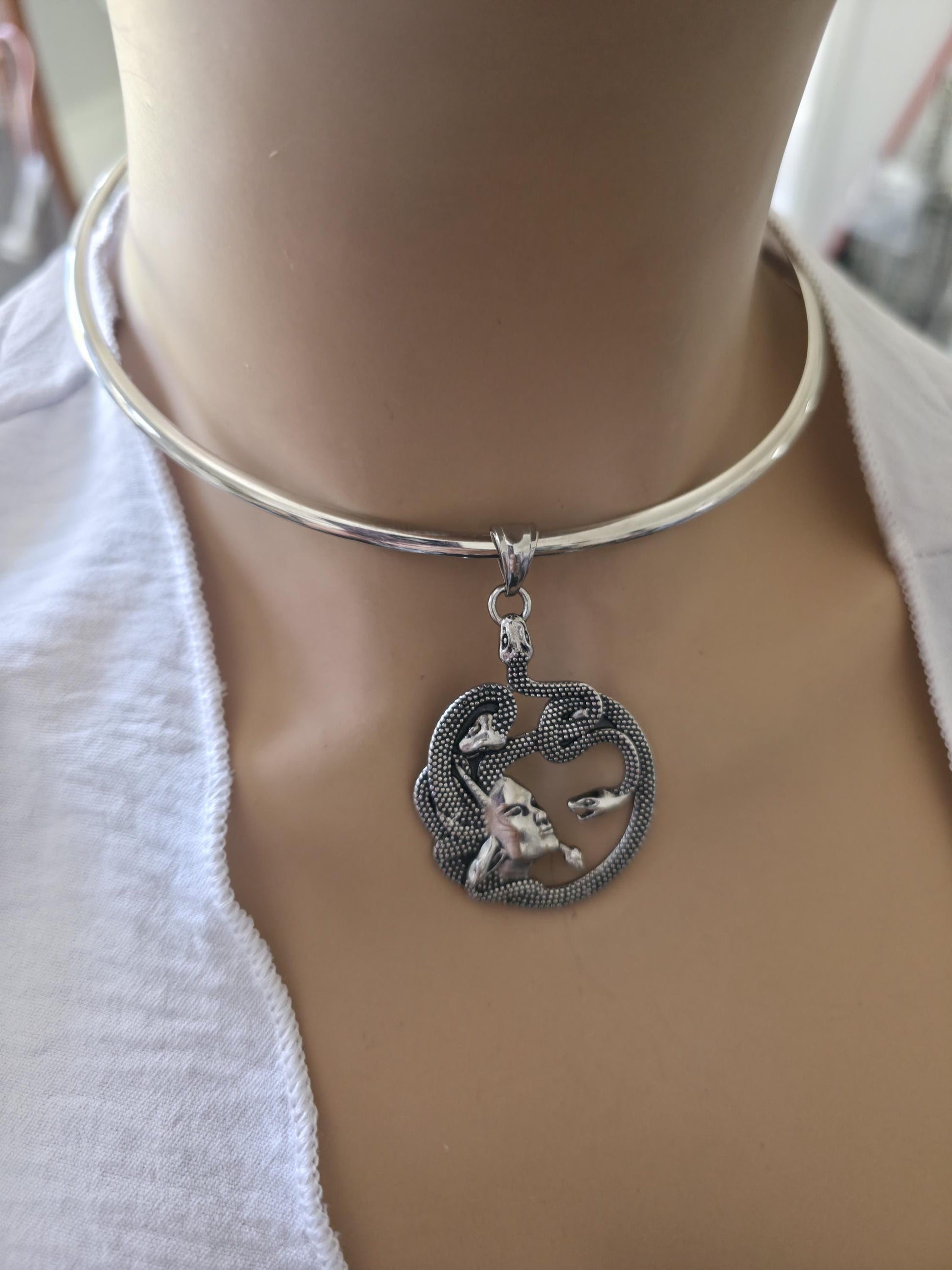 Medusa Necklace Stainless Steel Rigid Collar wtih Oxidized Medusa Pendant - Gothic Mythology Feminist Survivor Jewelry