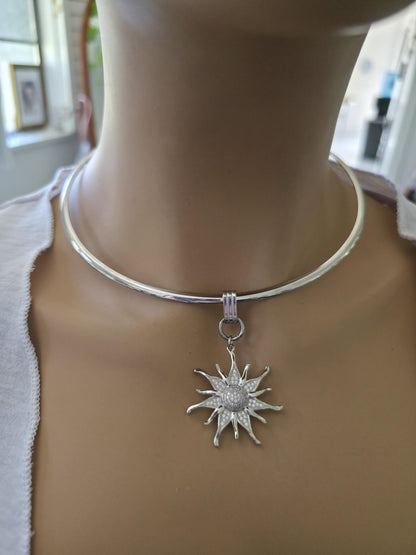Stainless Steel Sun Rigid Wire Collar Choker Necklace - CZ Removable Sun Pendant Necklace