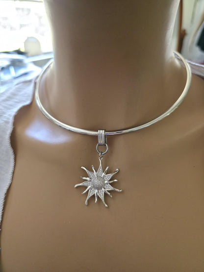 Stainless Steel Sun Rigid Wire Collar Choker Necklace - CZ Removable Sun Pendant Necklace