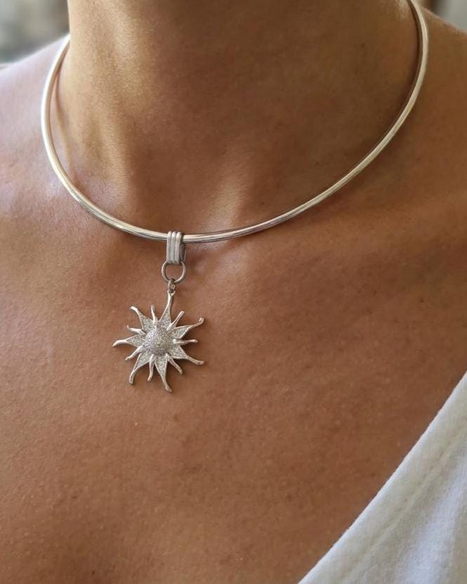 Stainless Steel Sun Rigid Wire Collar Choker Necklace - CZ Removable Sun Pendant Necklace