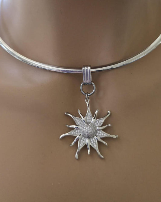 Stainless Steel Sun Rigid Wire Collar Choker Necklace - CZ Removable Sun Pendant Necklace