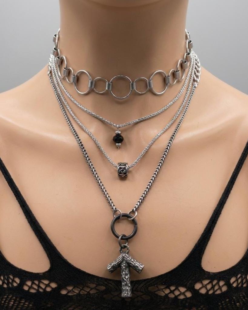 Norse Layered Necklace Set with Tiwaz Warrior Rune Pendant & Obsidian Protection Stone - Handwoven Chainmail Choker Steel Viking Jewelry