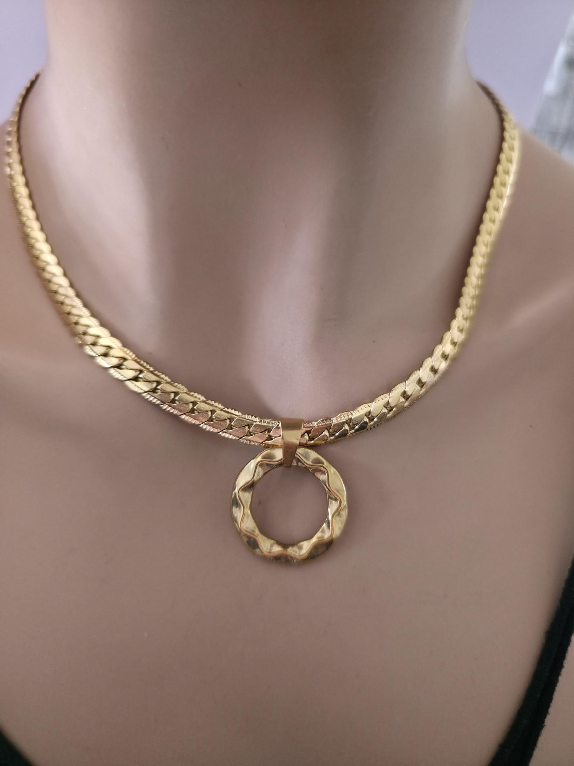 Mens Gold Steel Day Collar, Hammered O-Ring Pendant, Locking Option - Herringbone Chain Symbolic Necklace