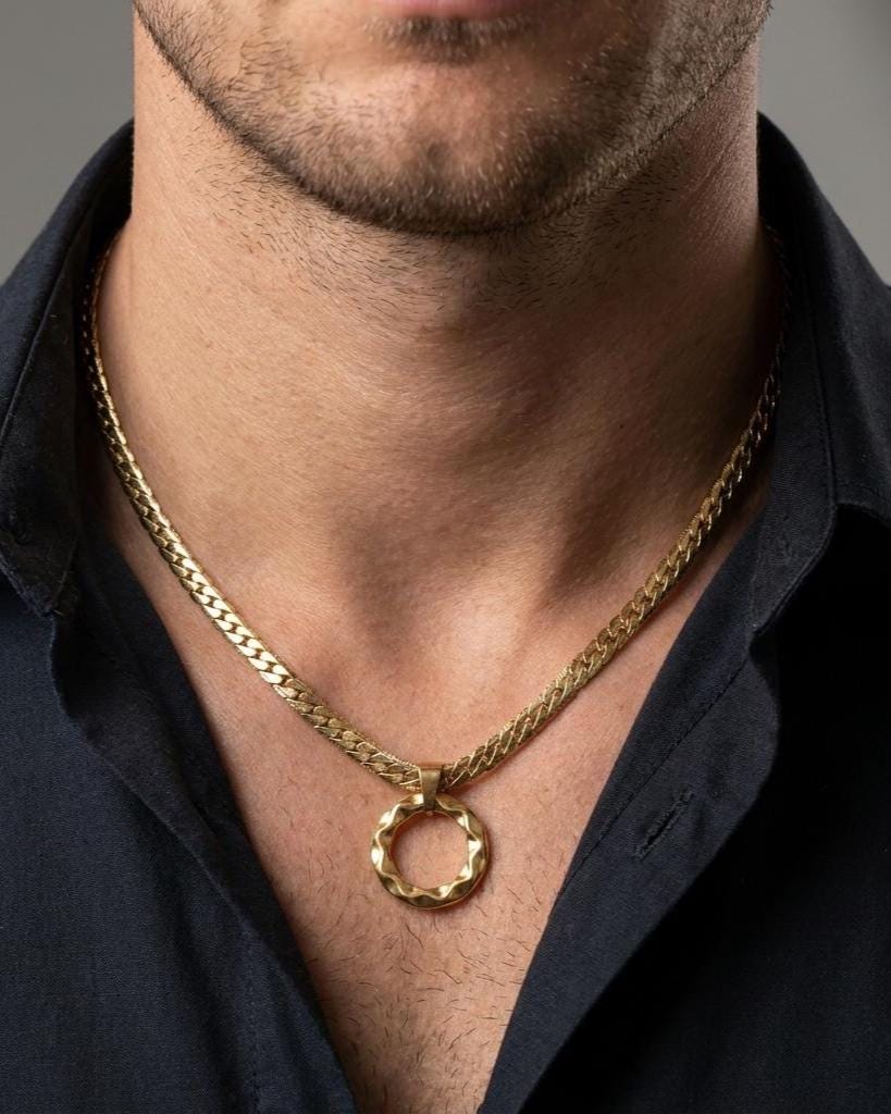 Mens Gold Steel Day Collar, Hammered O-Ring Pendant, Locking Option - Herringbone Chain Symbolic Necklace