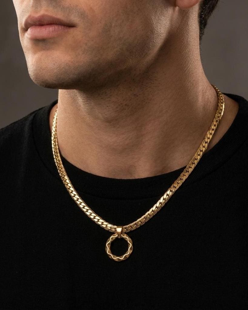 Mens Gold Steel Day Collar, Hammered O-Ring Pendant, Locking Option - Herringbone Chain Symbolic Necklace