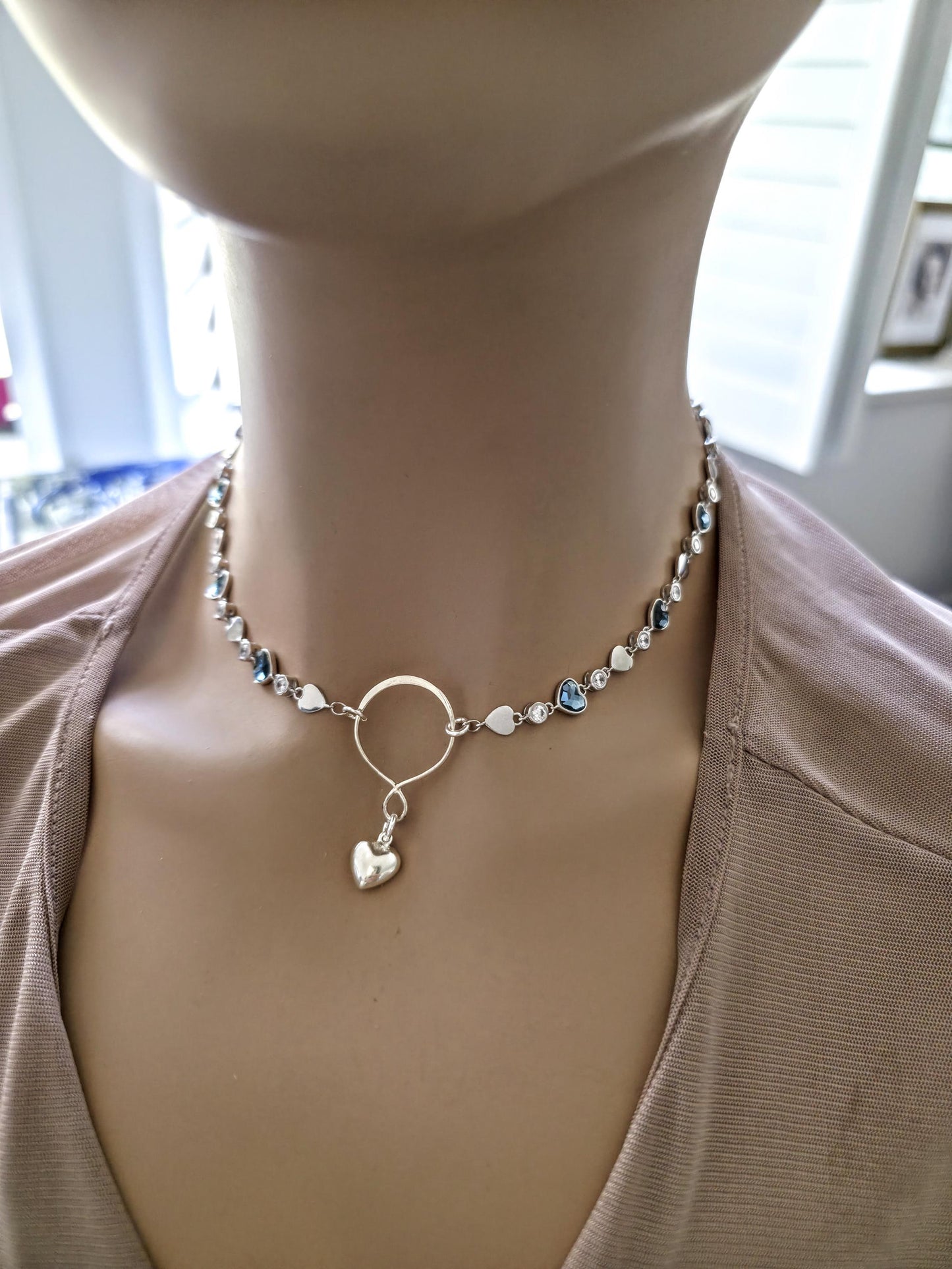 Sterling Silver Austrian Crystal Heart Day Collar Choker Necklace - Intimate Partner Jewelry