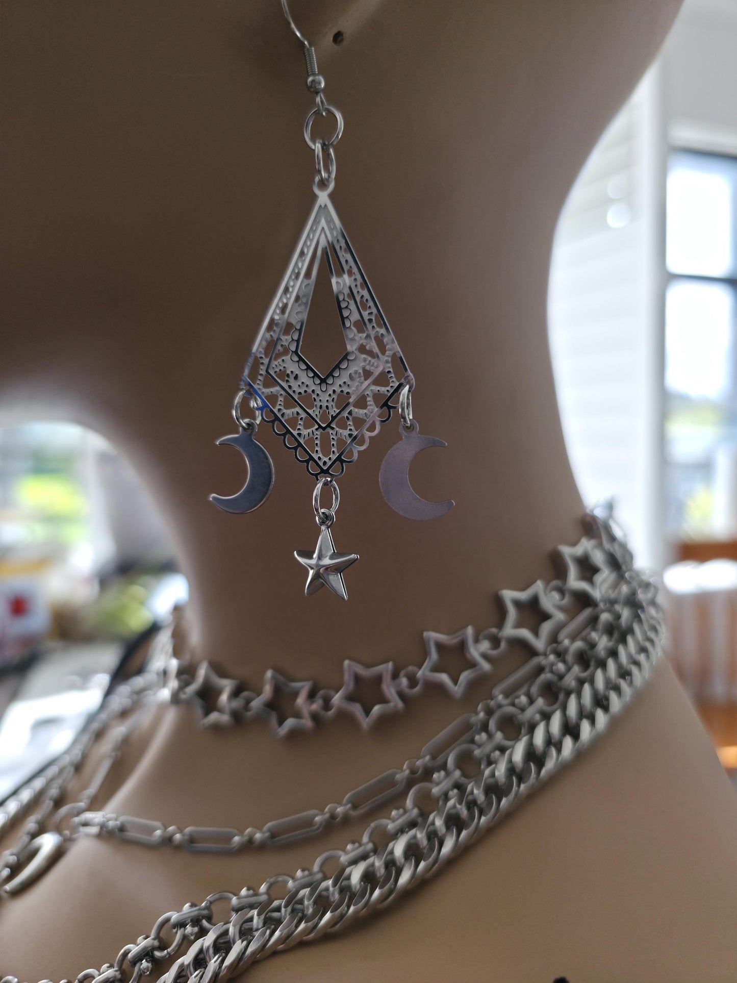 Crescent Moon Star Chandelier Dangle Earrings: Stainless Steel Witchy Celestial Jewelry