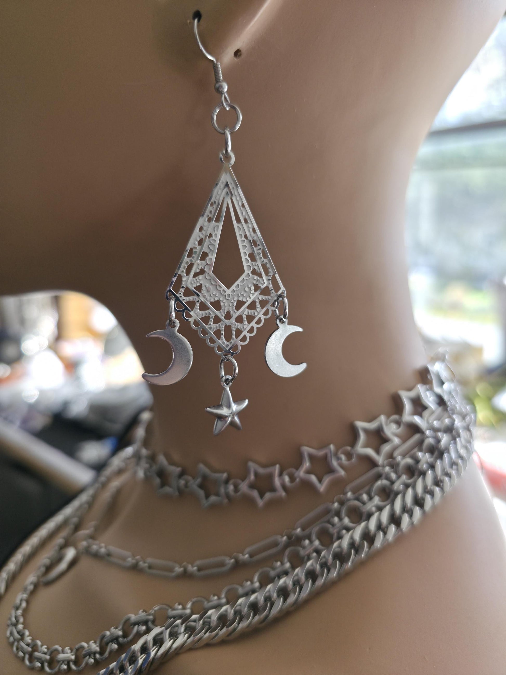 Crescent Moon Star Chandelier Dangle Earrings: Stainless Steel Witchy Celestial Jewelry