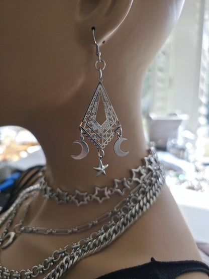 Crescent Moon Star Chandelier Dangle Earrings: Stainless Steel Witchy Celestial Jewelry