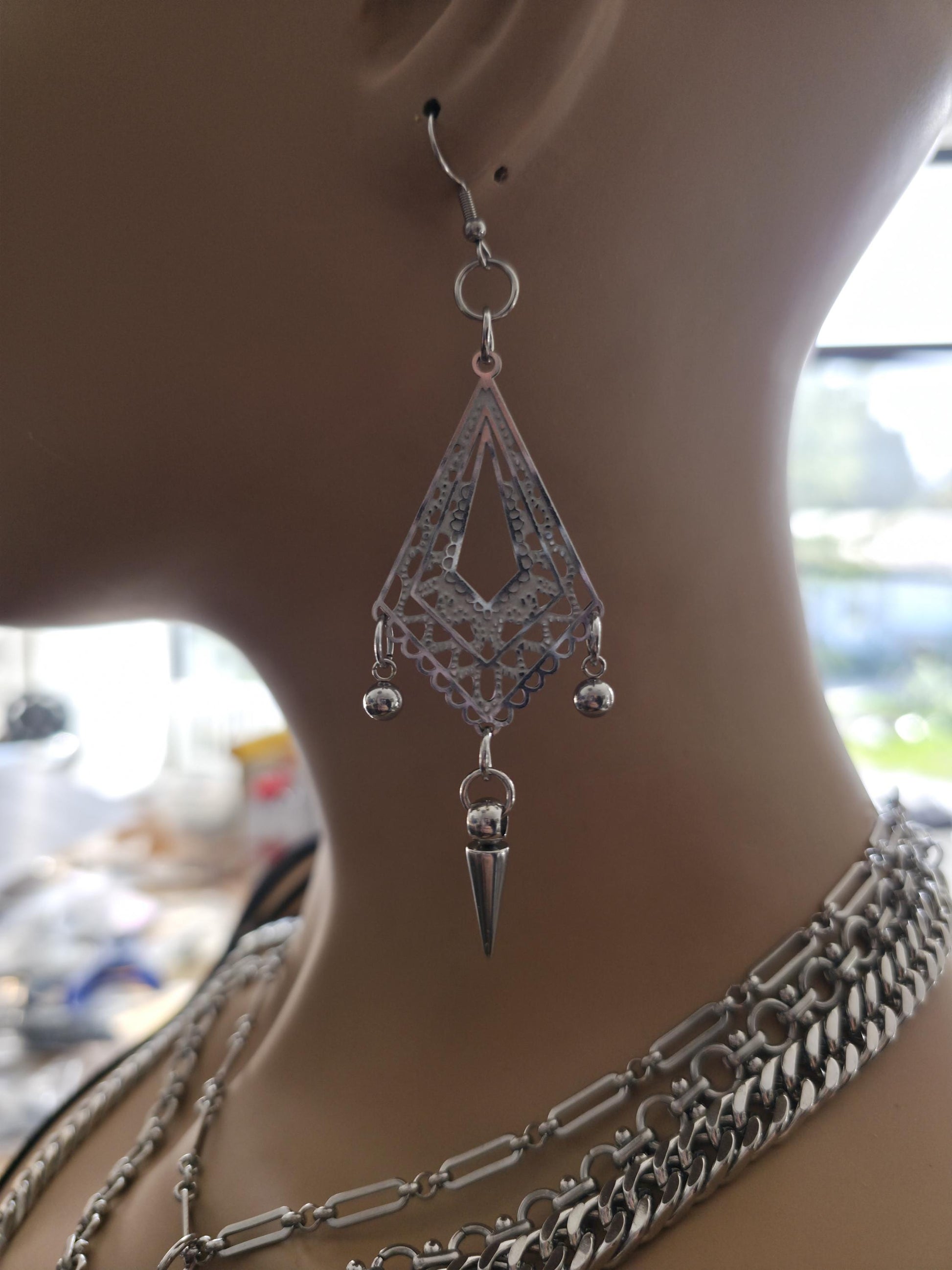 Gothic Spike Surgical Steel Chandelier Dangle Hoop Earrings: Goth Punk Jewelry