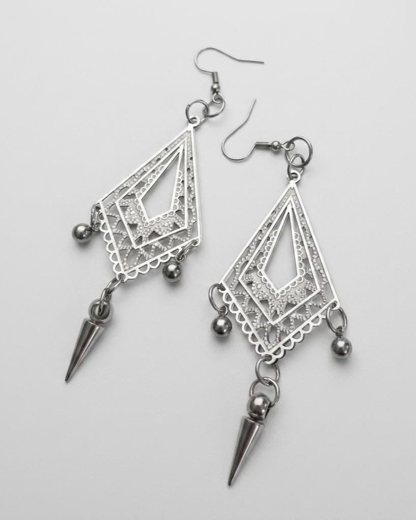 Gothic Spike Surgical Steel Chandelier Dangle Hoop Earrings: Goth Punk Jewelry