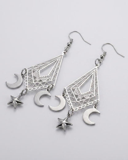 Crescent Moon Star Chandelier Dangle Earrings: Stainless Steel Witchy Celestial Jewelry