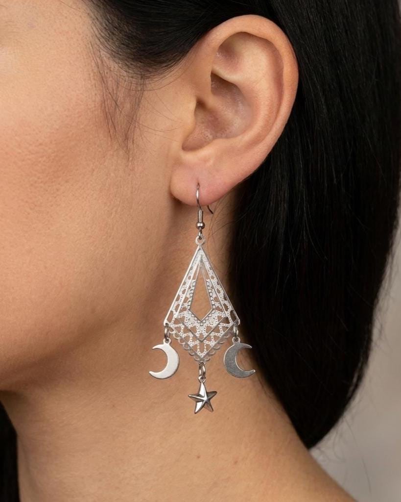 Crescent Moon Star Chandelier Dangle Earrings: Stainless Steel Witchy Celestial Jewelry
