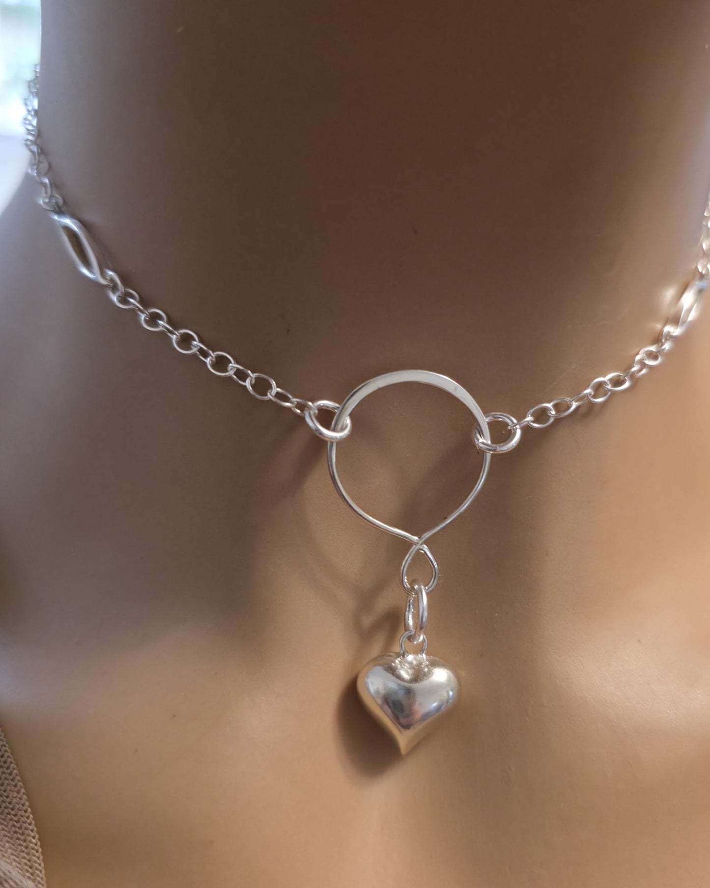 925 Solid Sterling Silver Day Collar Necklace with Puff Heart Pendant & Decorative O Ring - Locking Option - Adjustable 13"–17"