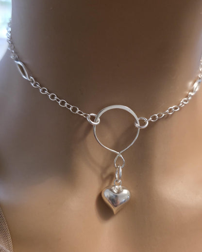 925 Solid Sterling Silver Day Collar Necklace with Puff Heart Pendant & Decorative O Ring - Locking Option - Adjustable 13"–17"