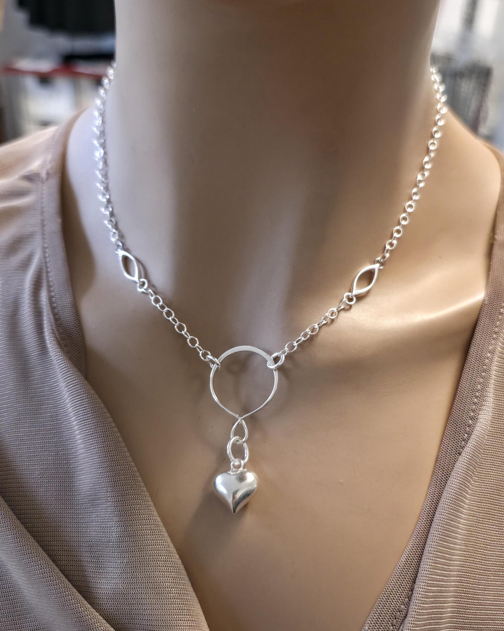 925 Solid Sterling Silver Day Collar Necklace with Puff Heart Pendant & Decorative O Ring - Locking Option - Adjustable 13"–17"