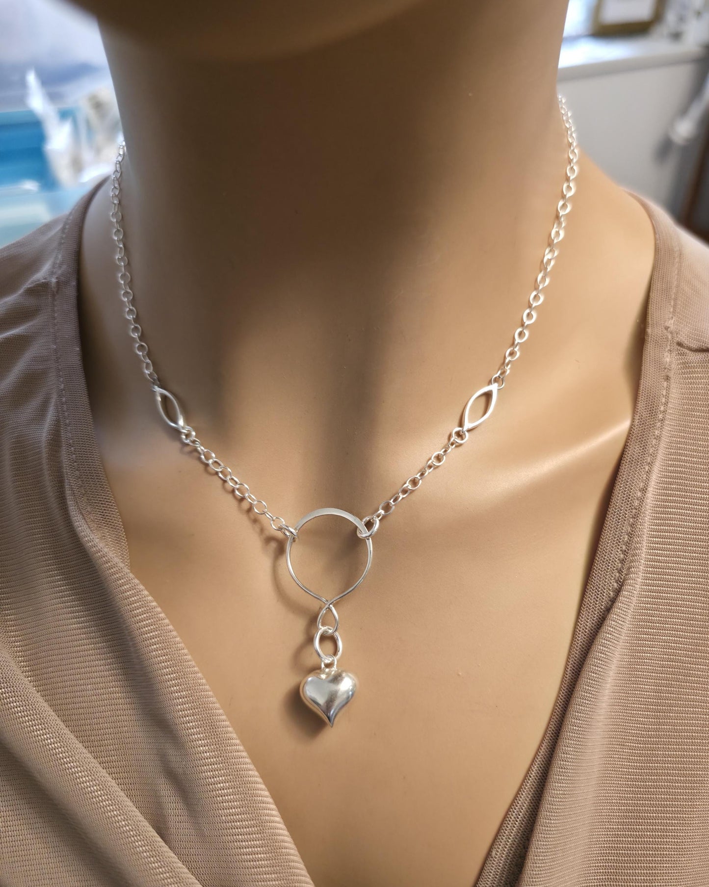 925 Solid Sterling Silver Day Collar Necklace with Puff Heart Pendant & Decorative O Ring - Locking Option - Adjustable 13"–17"