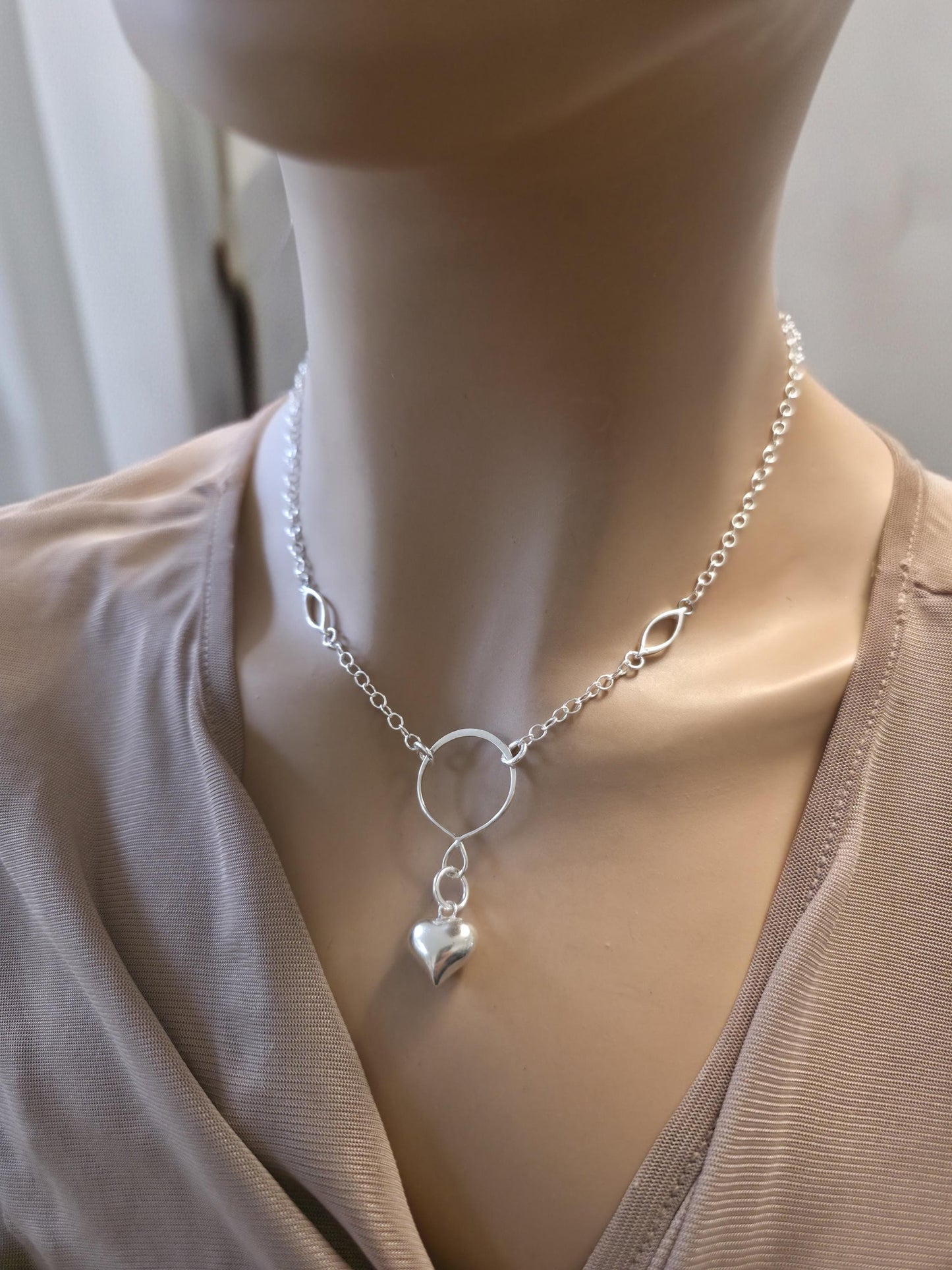 925 Solid Sterling Silver Day Collar Necklace with Puff Heart Pendant & Decorative O Ring - Locking Option - Adjustable 13"–17"