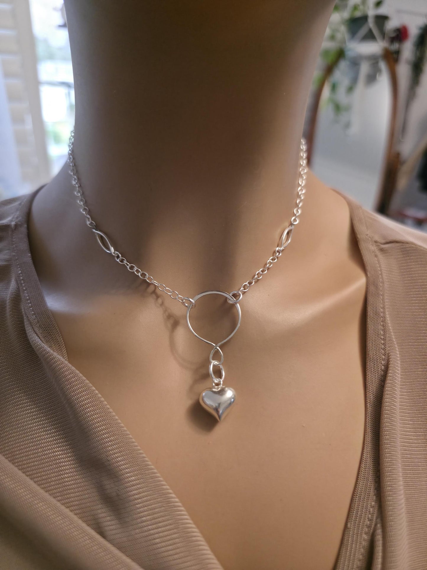 925 Solid Sterling Silver Day Collar Necklace with Puff Heart Pendant & Decorative O Ring - Locking Option - Adjustable 13"–17"