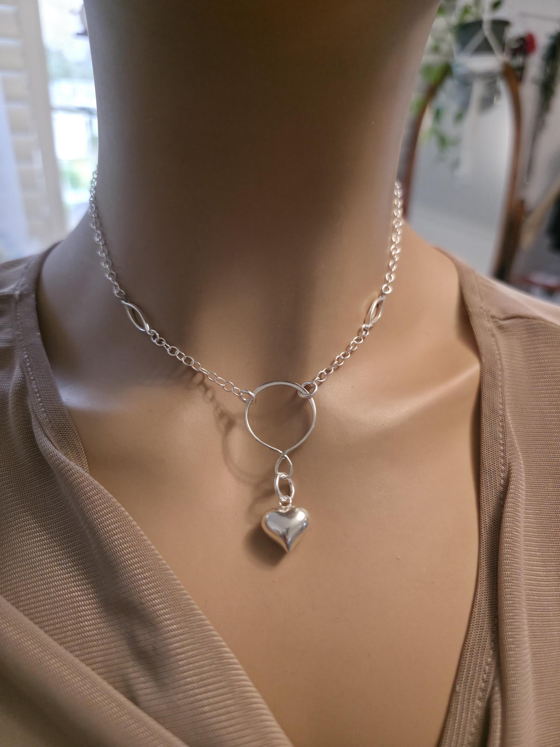 925 Solid Sterling Silver Day Collar Necklace with Puff Heart Pendant & Decorative O Ring - Locking Option - Adjustable 13"–17"