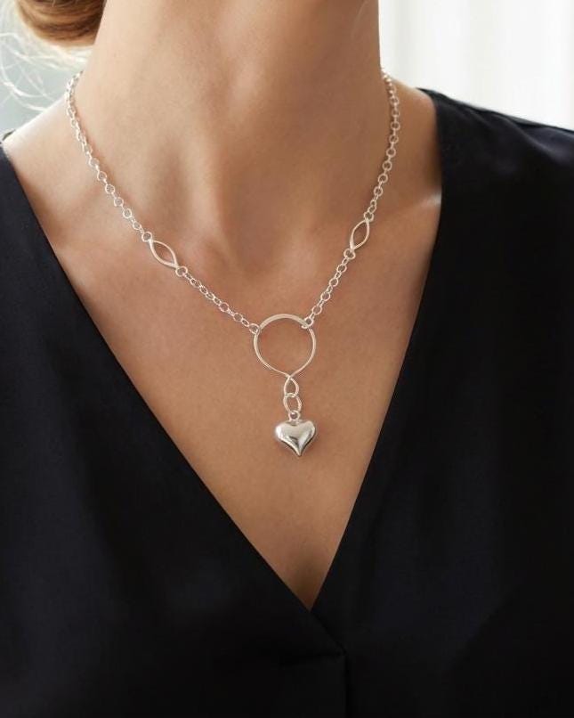 925 Solid Sterling Silver Day Collar Necklace with Puff Heart Pendant & Decorative O Ring - Locking Option - Adjustable 13"–17"