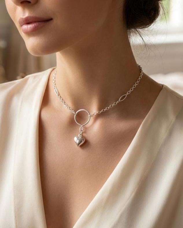 925 Solid Sterling Silver Day Collar Necklace with Puff Heart Pendant & Decorative O Ring - Locking Option - Adjustable 13"–17"