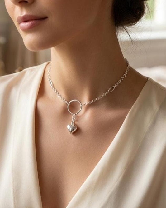 925 Solid Sterling Silver Day Collar Necklace with Puff Heart Pendant & Decorative O Ring - Locking Option - Adjustable 13"–17"