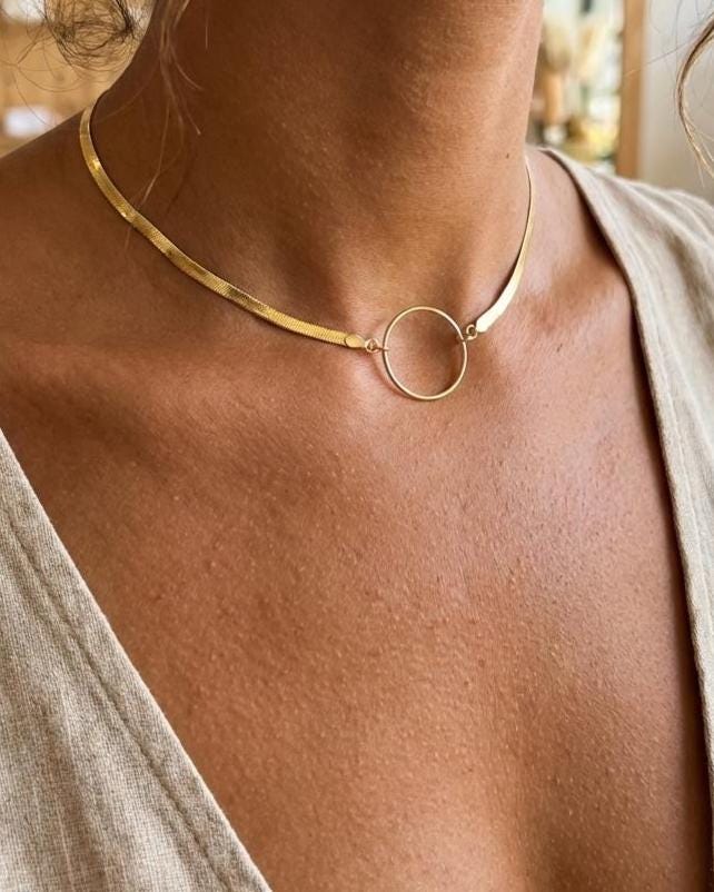 Gold Filled Day Collar — Herringbone Chain with O-Ring Centre | 15"–17" Adjustable