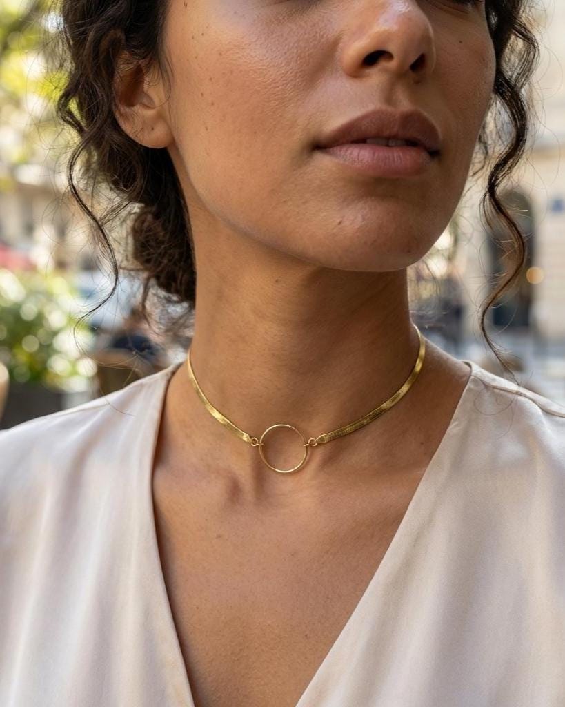 Gold Filled Day Collar — Herringbone Chain with O-Ring Centre | 15"–17" Adjustable