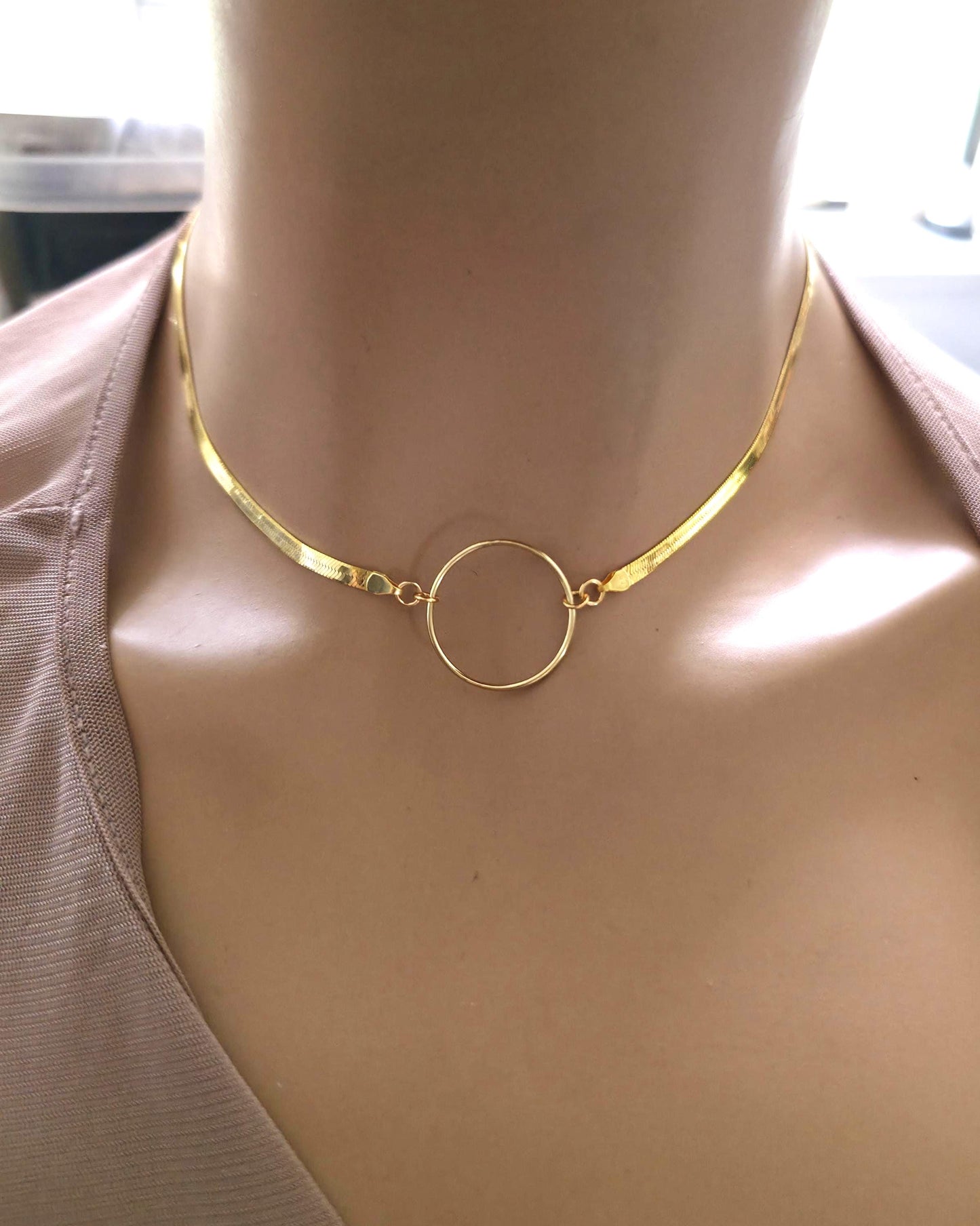 Gold Filled Day Collar — Herringbone Chain with O-Ring Centre | 15"–17" Adjustable