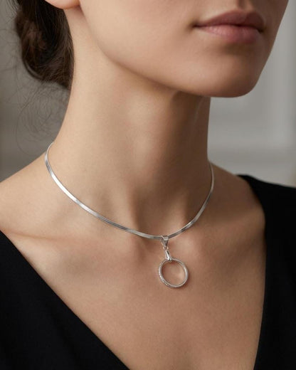 Sterling Silver Day Collar - CZ O-Ring Pendant on Rhodium Herringbone Chain | 15"–17" Adjustable