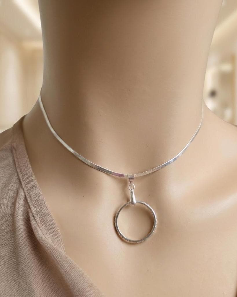 Sterling Silver Day Collar - CZ O-Ring Pendant on Rhodium Herringbone Chain | 15"–17" Adjustable