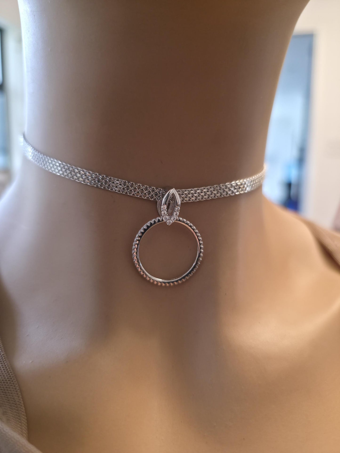 Sterling Silver Day Collar — Full CZ O-Ring Pendant on Rhodium Mesh Chain | 13"–17" Adjustable