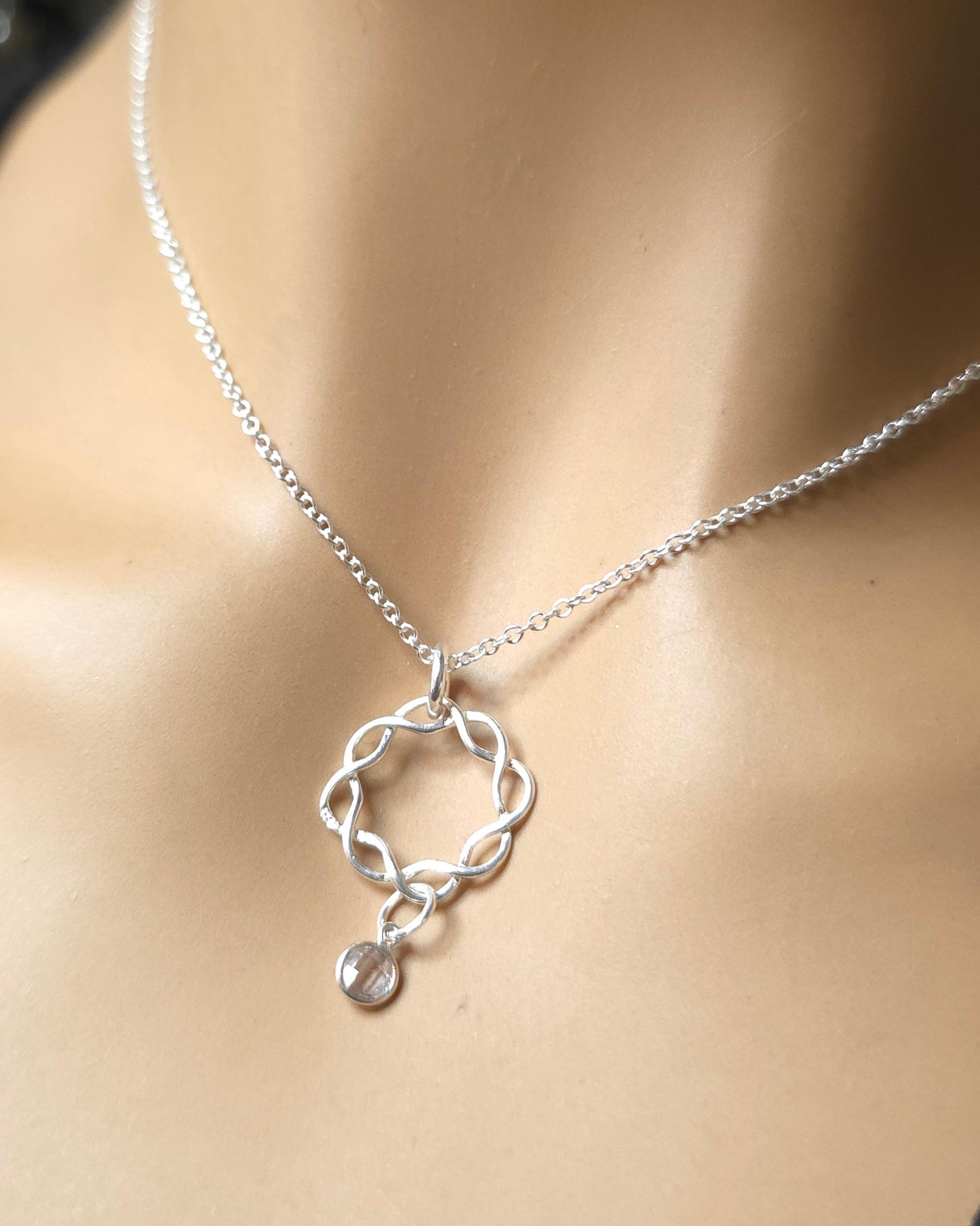 Sterling Silver Day Collar with Braided O Ring and Crystal Gem on Minimalist Dainty Chain