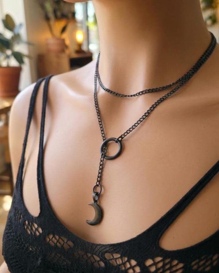 Black Steel Crescent Moon Minimalist Y Necklace | Adjustable Waterproof Gothic Witchy Jewelry