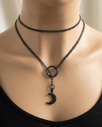Black Steel Crescent Moon Minimalist Y Necklace | Adjustable Waterproof Gothic Witchy Jewelry