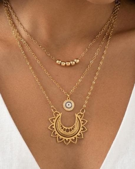 Gold Mandala Evil Eye Layered Protection Necklace Set - Chain Zen Stack Jewelry