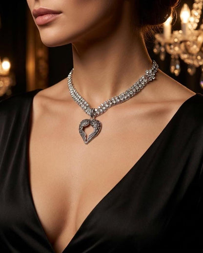 Angel Wing Heart Necklace Triple Strand Rhinestone Choker - Statement Jewelry - Gothic Wedding Jewelry