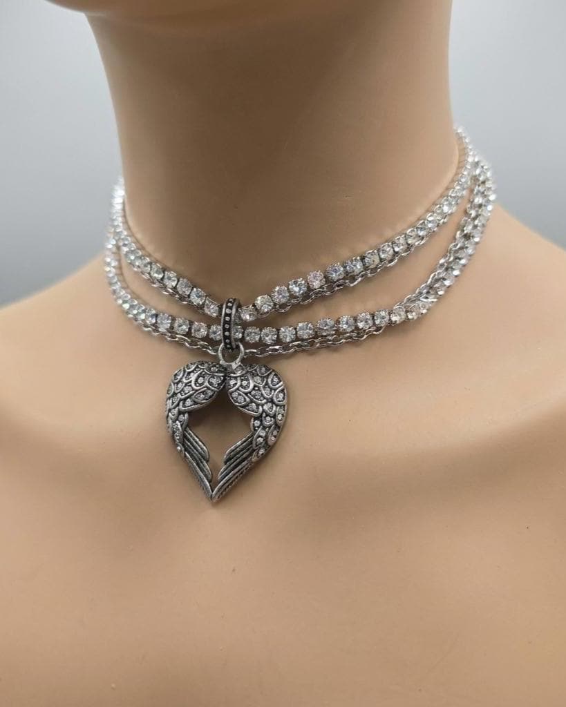 Angel Wing Heart Necklace Triple Strand Rhinestone Choker - Statement Jewelry - Gothic Wedding Jewelry