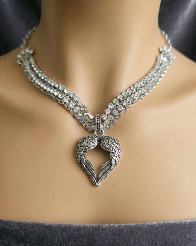 Angel Wing Heart Necklace Triple Strand Rhinestone Choker - Statement Jewelry - Gothic Wedding Jewelry