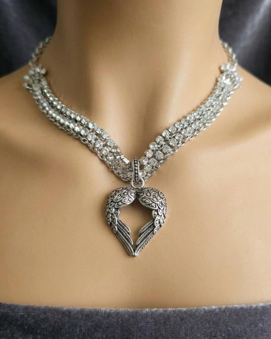 Angel Wing Heart Necklace Triple Strand Rhinestone Choker - Statement Jewelry - Gothic Wedding Jewelry