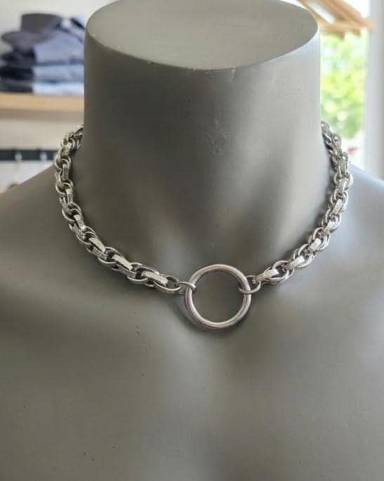 Steel Day Collar Necklace O Ring Choker, Adjustable, Locking Option, Unisex Goth Jewelry, 14–20 Inch