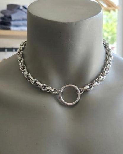 Steel Day Collar Necklace O Ring Choker, Adjustable, Locking Option, Unisex Goth Jewelry, 14–20 Inch