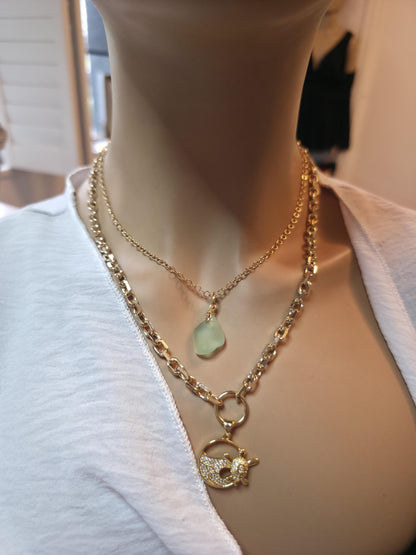 Pacific Shore Sea Glass Layering Necklace with Wave & Turtle Pendant - Gold Plated Steel