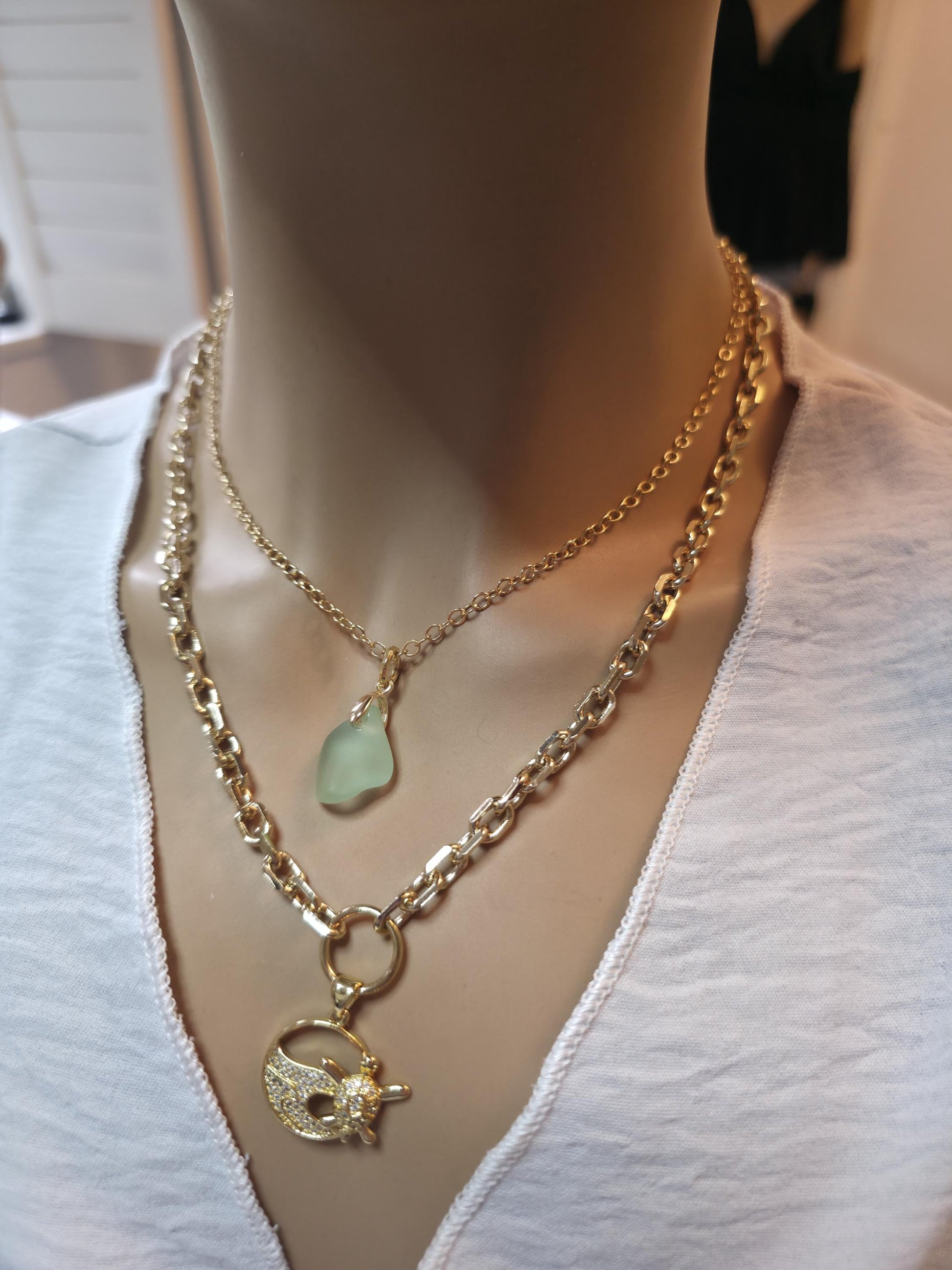 Pacific Shore Sea Glass Layering Necklace with Wave & Turtle Pendant - Gold Plated Steel