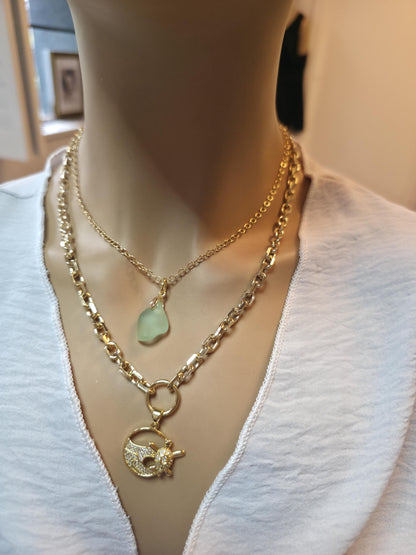 Pacific Shore Sea Glass Layering Necklace with Wave & Turtle Pendant - Gold Plated Steel